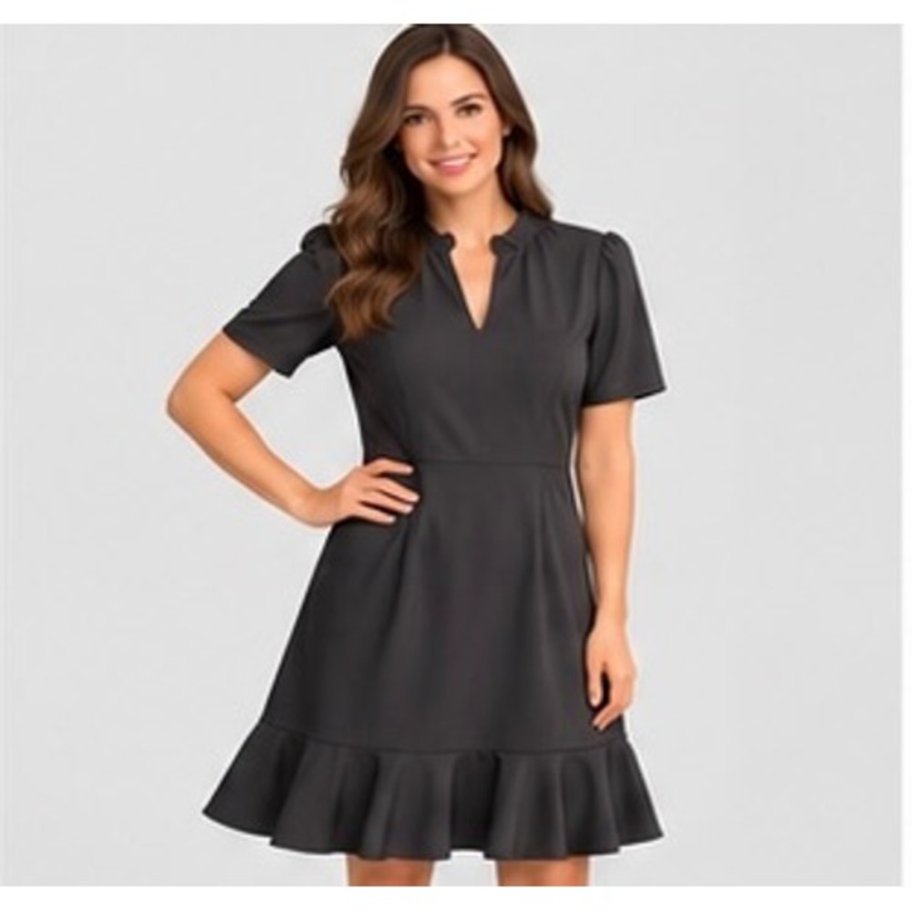 Nanette Lepore Women 8 Black Dress Ruffle V-Neck Flounce Office Siren Coquette